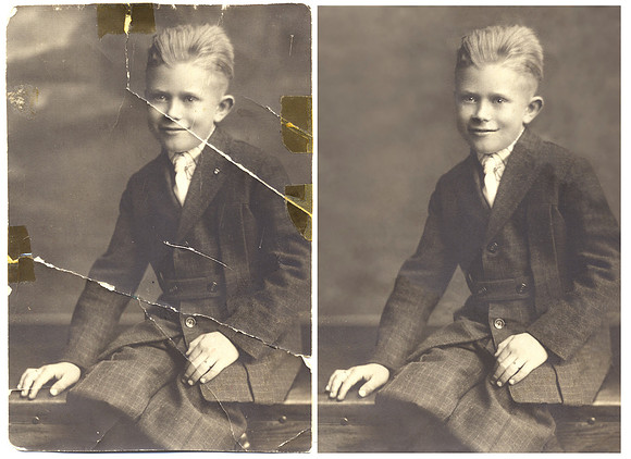 Black and white photo restoration before and after